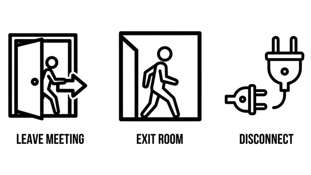 Set of exit and disconnection icons showing a person leaving a meeting room and an unplugged power cord for digital or physical sign out with disconnect electric business hardware connection