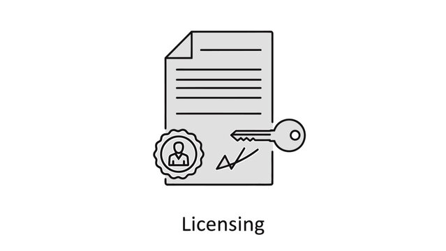 Business licensing icon featuring a signed document with a verification seal and an access key symbol on a plain background licensing agreement document contract security certificate signature