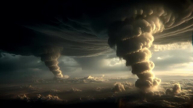 Tornado, twister, weather, natural disaster. A dramatic depiction of a stormy sky. A large, swirling cloud formation, resembling a tornado or a tornado, is the central focus.