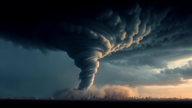 Tornado, twister, weather, natural disaster. A dramatic depiction of a tornado, captured from a low angle. The sky is filled with dark, stormy clouds.