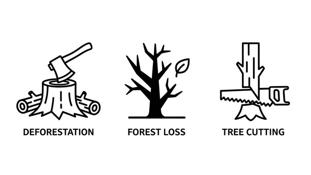 Environmental icons illustrating deforestation forest loss tree cutting activities deforestation environment destruction conservation leafless ecosystem industrial agriculture clearing