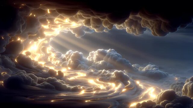 Fantasy wallpaper. A dramatic digital artwork depicts a stormy sky. A swirling vortex of light and shadow forms the center of the image. The cloud formations are illuminated by a warm, golden light.