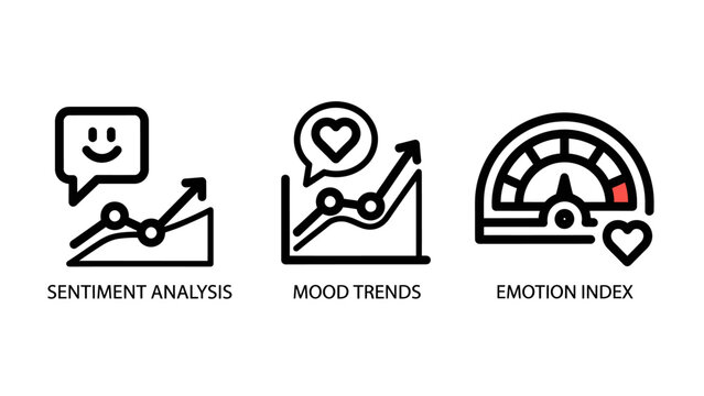 Set of data analytics icons including sentiment analysis mood trends and emotion index for social media metrics with business intelligence analytics sentiment business feedback customer research