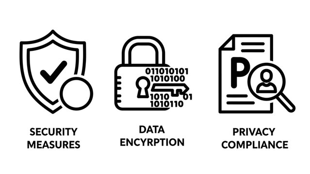 Digital security measures data encryption and privacy compliance icons with security encryption compliance protection internet information regulations personal identity authentication
