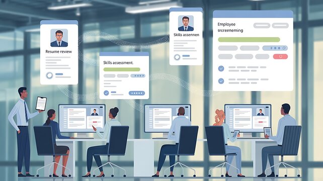 HR recruitment and resume screening concept with digital profiles, candidate selection, and online hiring process on laptop, representing talent management and evaluation.