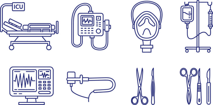 Medical equipment line icons hospital devices and intensive care units
