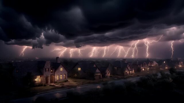Fantasy wallpaper. A dramatic nighttime scene depicts a row of stoneroofed houses illuminated by streetlights. The sky is filled with dark, stormy clouds, and a lightning bolt streaks across it.