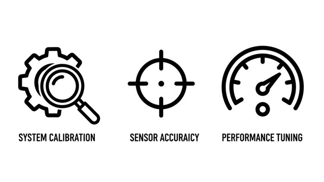 System calibration sensor accuracy and performance tuning icons with calibration accuracy performance magnifying speedometer optimize maintenance technical engineering precision analysis