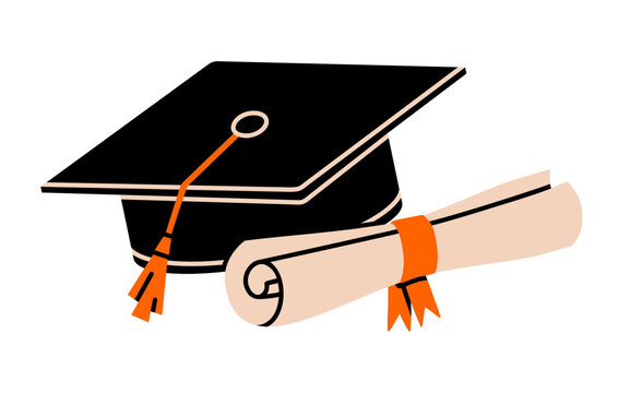 Hand drawn illustration of graduation cap with diploma. Flat vector university hat and certificate doodle. Academy achievement sigh. Education or study sticker, icon. Commencement ceremony. Isolated.
