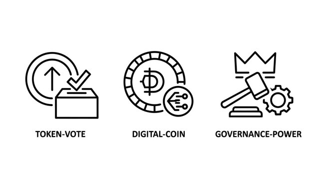 Set of cryptocurrency and blockchain icons illustrating token voting digital coin and governance power with cryptocurrency blockchain governance decentralized technology business investing