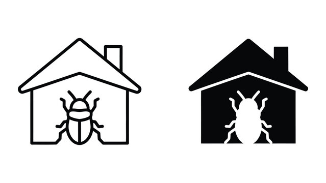 Cartoon beetles inside simple house icons