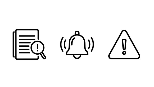 Warning and alert notification icon set featuring document check and danger symbols attention notification document information emergency illustration isolated interface security management