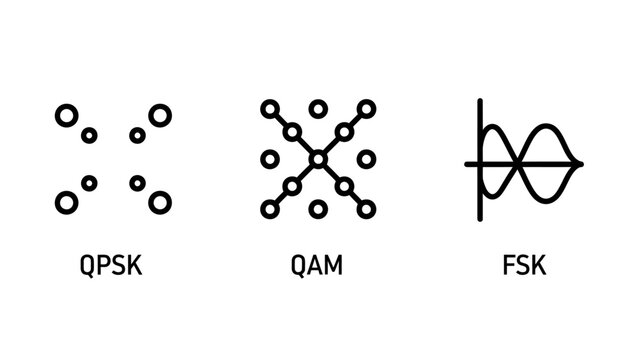 Digital modulation techniques icons qpsk qam fsk signal constellation diagrams with modulation telecommunications transmission frequency amplitude diagrams communication technology electronics