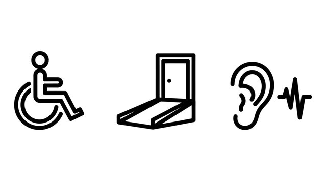 Accessibility and disability awareness icons showing wheelchair access door ramp and hearing aid with accessibility disability wheelchair inclusion community universal facilities awareness