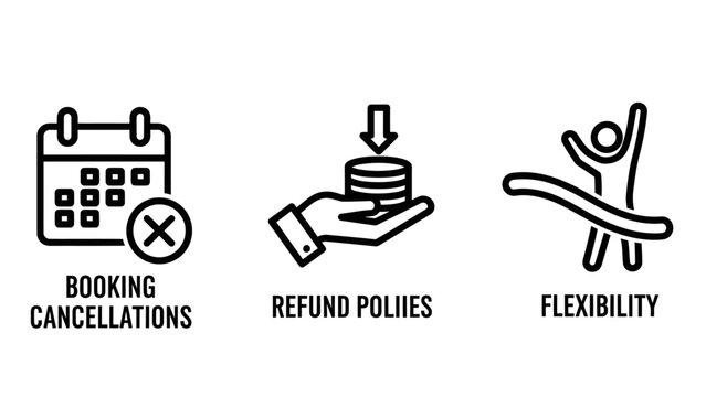 Booking cancellation refund policy and flexibility business line icons with cancellation calendar flexibility business management planning deadline schedule reimbursement transaction