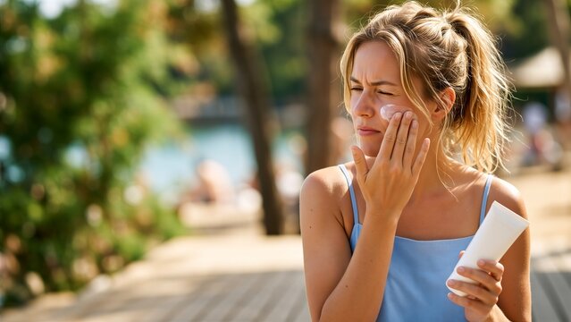 Caucasian woman vacationer applying sunscreen to face and squinting outdoors near water. Summer skin care and sun protection banner with copy space