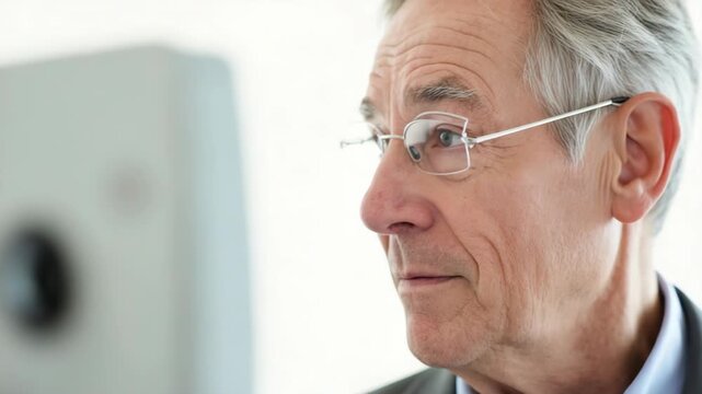 Elderly man with glasses looks at screen intently. He shows focus and mild curiosity. His expression shifts to gentle satisfaction. Footage captures quiet moments of concentration