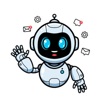 Cute robot waving hello with notifications around its head.
