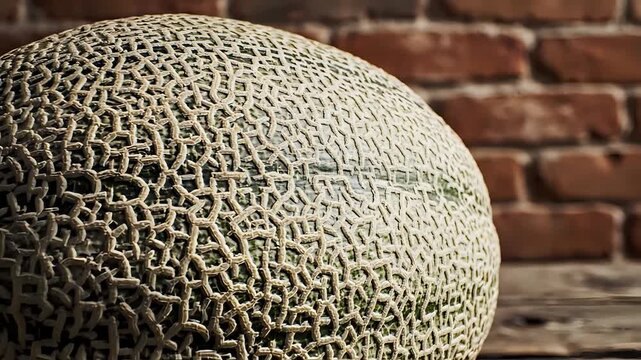 Closeup of a Cantaloupe Melon on a Wooden Surface with Brick Background.