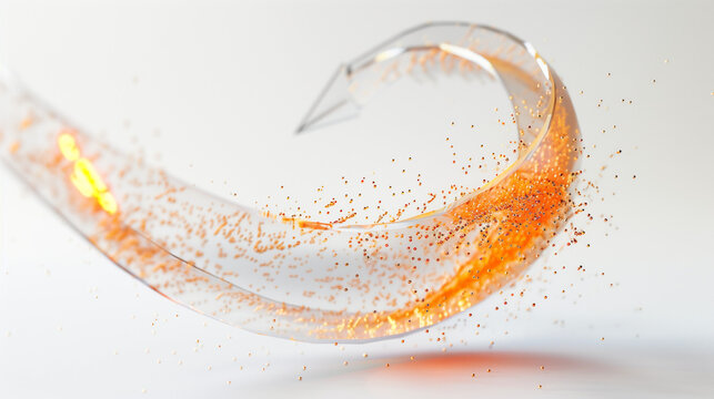 3D curved arrow made of transparent acrylic with internal glowing orange particles representing supply chain movement and logistics flow on white background