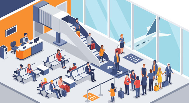 Isometric illustration of an airport terminal with passengers boarding an airplane via a jet bridge