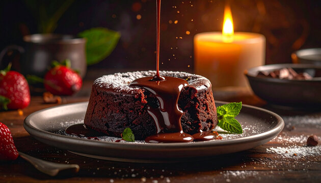 Dessert berupa kue lava cokelat dengan siraman ganache.