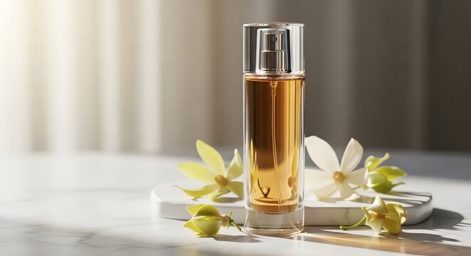 Glass perfume bottle with golden liquid standing on marble surface surrounded by fresh white flower blossoms. Luxury fragrance product showcasing scent notes for beauty and beauty marketing.