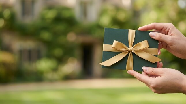 Woman holding green envelope with gold ribbon. Elegant greeting card or invitation for holiday celebration. Gift concept for special occasion, romantic gesture or surprise party invitation.