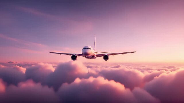 Travel trip journey. A vivid portrayal of an airplane soaring above the clouds during sunset. The sky is a gradient of pink and purple hues.