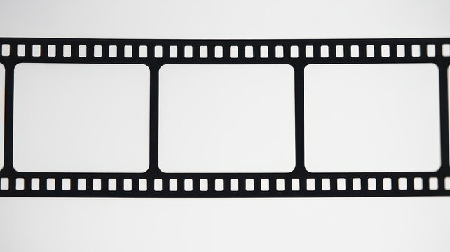 Horizontal strip of blank 35mm negative frames isolated on a white background, close up view