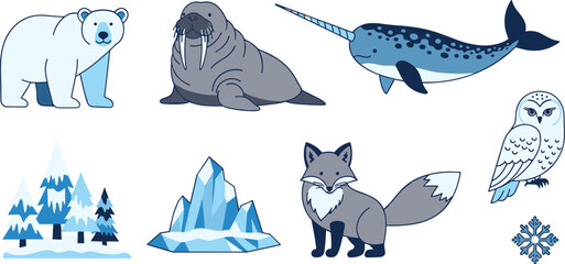 Arctic Wildlife Icons Set with Polar Bear, Walrus, Narwhal, Owl, Fox, Ice, Snow, and Other Cold Climate Animals for Vector Design © MdSoleman