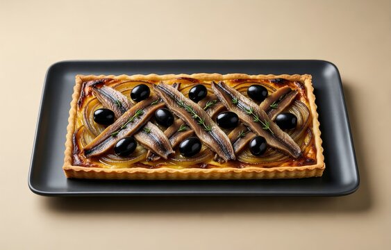 Pissaladiere on square black plate, featuring golden brown tart with anchovies, olives, and onions. Concept of tart with onions anchovies olives herbs highlights culinary art.