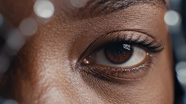 Closeup of human eye behind cracked glass highlighting geometric patterns and contemporary art