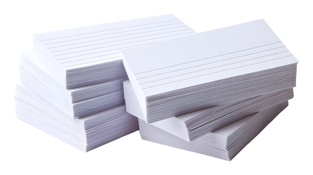 stationery cutout of stack of lined index cards, clean study and note-taking supplies with crisp paper texture, sharp focus, clean edges high definition, isolated on white background