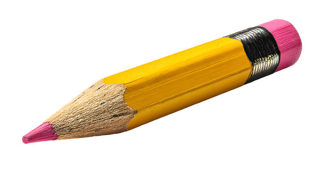 stationery cutout of classic yellow wooden pencil with pink eraser, everyday writing tool with realistic wood grain, sharp focus, clean edges high definition, isolated on white background