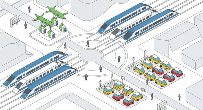 Modern urban multimodal transport hub stylized isometric view of integrated electric trains, eVTOL aircraft, and eco-friendly cars, depicting sustainable city mobility