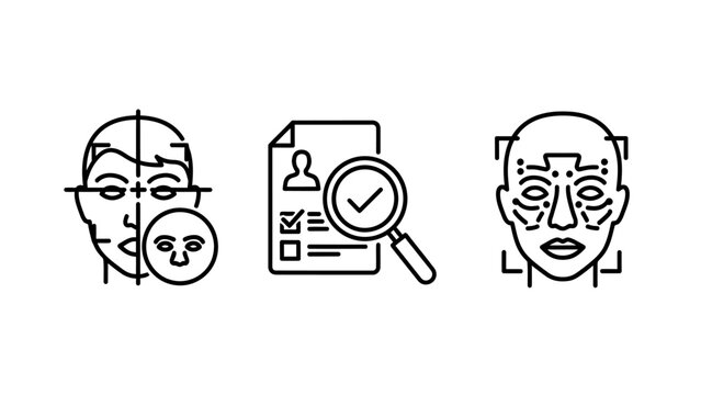Facial recognition technology icons: biometrics id verification face scanning with magnifying glass face scan face detection personal data face id recognition biometric identification scanning