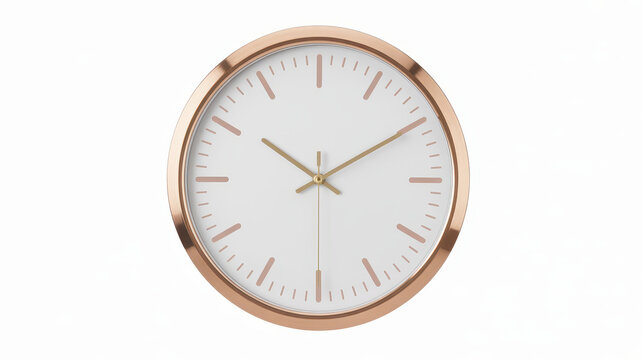 Minimalist wall clock with a rose gold frame and white face on a plain white background
