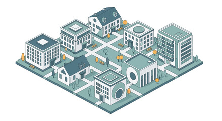 Fototapeta premium Isometric view of a city block showing different architectural styles and urban planning elements