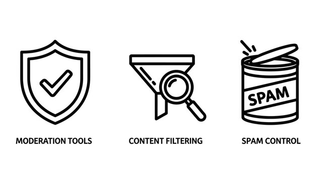 Icons for moderation tools content filtering spam control in online platforms moderation filtering security protection internet platform magnifying application management approval