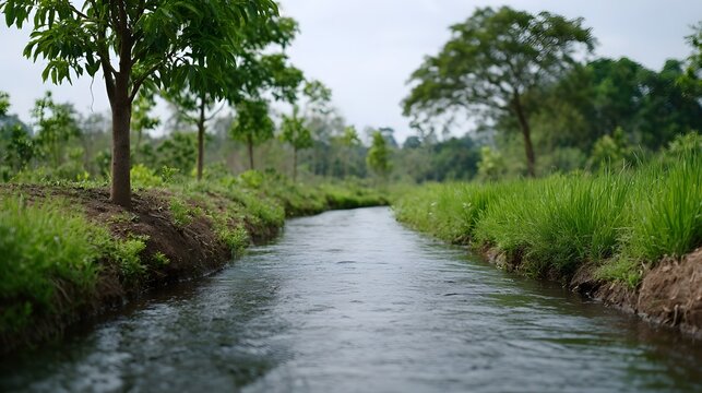 Lush green waterway winding through a dense canopy of trees and abundant tropical vegetation under a soft overcast sky