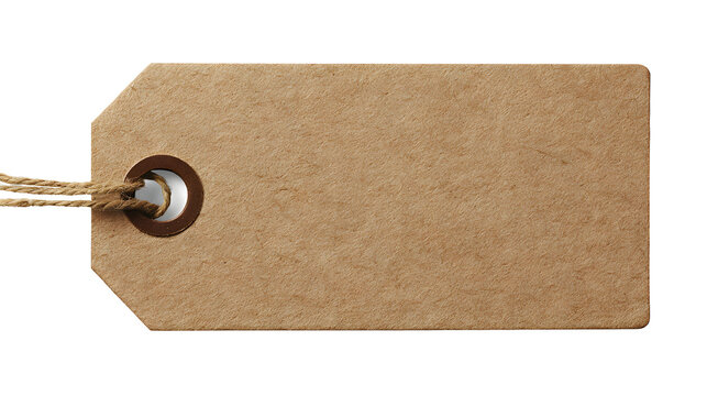 stationery cutout of blank brown paper tag with string and eyelet, clean kraft label mockup with natural texture, sharp focus, clean edges high definition, isolated on white background