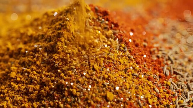 Closeup of vibrant Indian spices in a pile rich in color and texture.