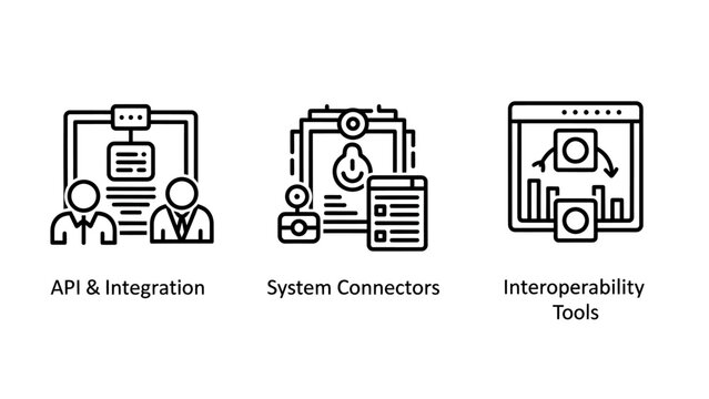 Minimalist linear icons representing api integration system connectors and software interoperability tools for technical web development and network programming with integration connector software