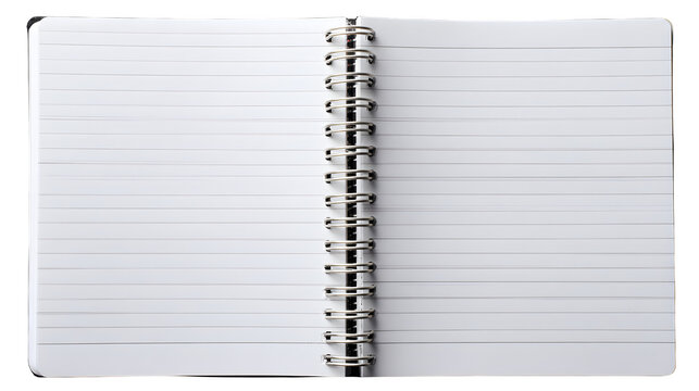 stationery cutout of open spiral notebook viewed from above, lined pages with curled corner and crisp paper texture, sharp focus, clean edges high definition, isolated on white background