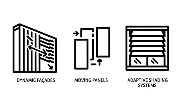 Dynamic facades moving panels adaptive shading system icons with real estate exterior design building architecture adaptive structure exterior automation efficiency technology collection