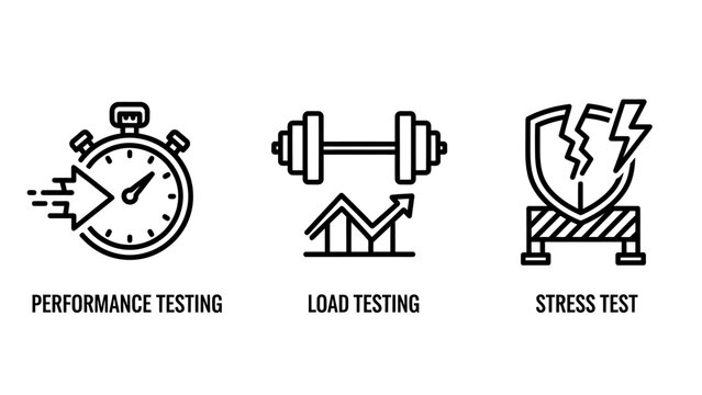 Software and system quality assurance icons: performance load stress testing methodologies performance software assurance stopwatch dumbbell capacity resilience strength benchmark