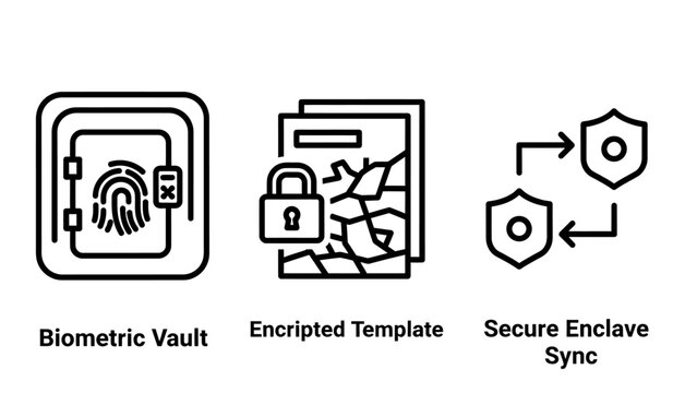 Cybersecurity and data protection icon set featuring biometric vault encrypted template and secure enclave sync security biometric fingerprint encrypted template protection synchronization