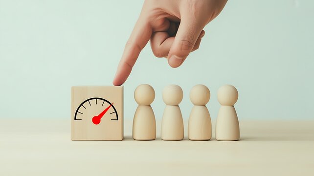 Hand pointing to a gauge beside wooden figures