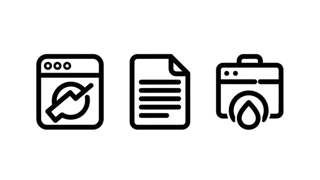 Web browser performance document file content image processing filter icon set with digital document graphic design performance document processing application software internet technology